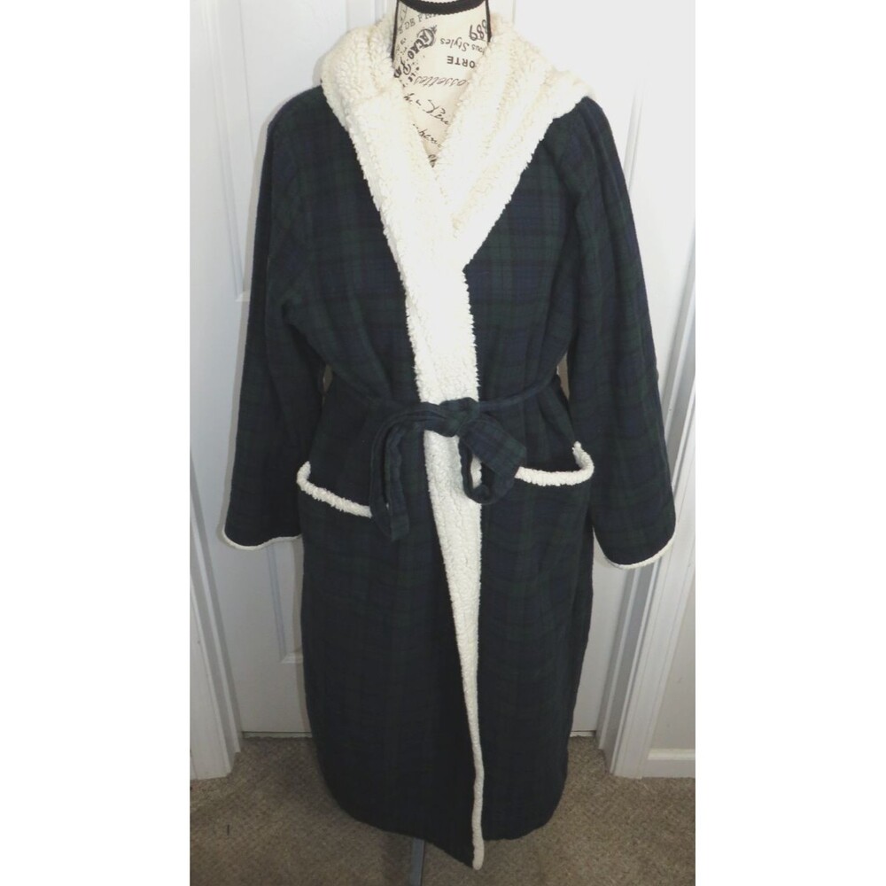 L.L. Bean Women's Scotch Plaid Flannel Sherpa-Lined Hooded Long Robe Size Medium